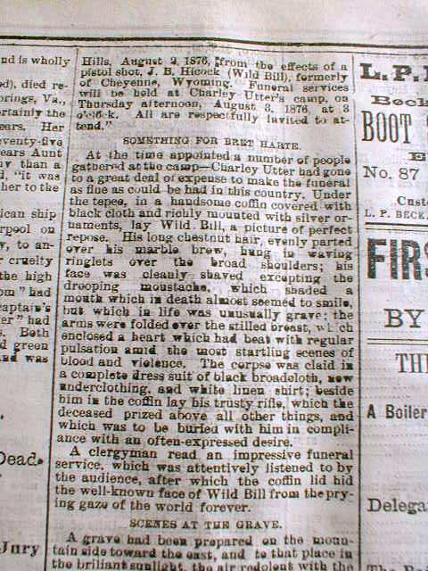 Best 1876 Headline Newspaper Wild Bill Hickok Shot Dead In Deadwood Dakota Terr Ebay 9257