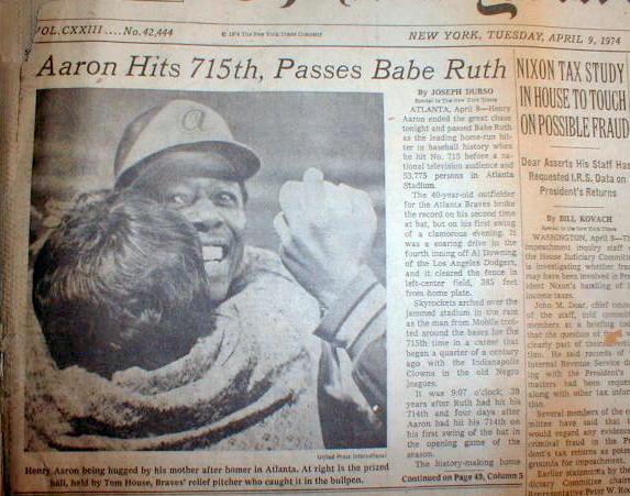 1974 Ny Times Newspaper Hank Aaron Breaks Babe Ruth Career Home Run Record Ebay