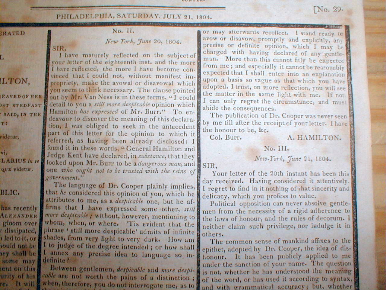 BEST 1804 hdlne display newspaper ALEXANDER HAMILTON KILLED in DUEL w