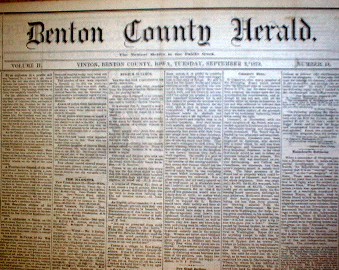 2 rare original 1879 newspapers BENTON COUNTY HERALD Vinton IOWA 135