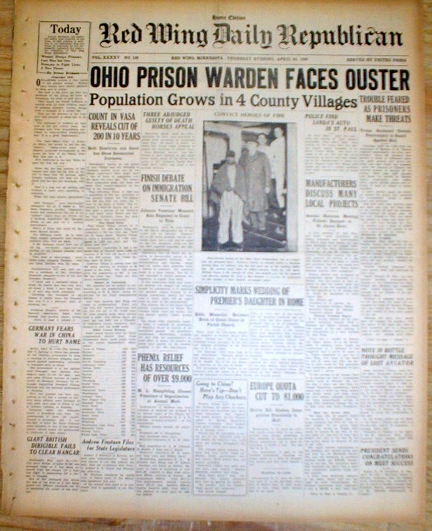 2 1930 headline newspapers Worst Prison Fire DISASTER n US history