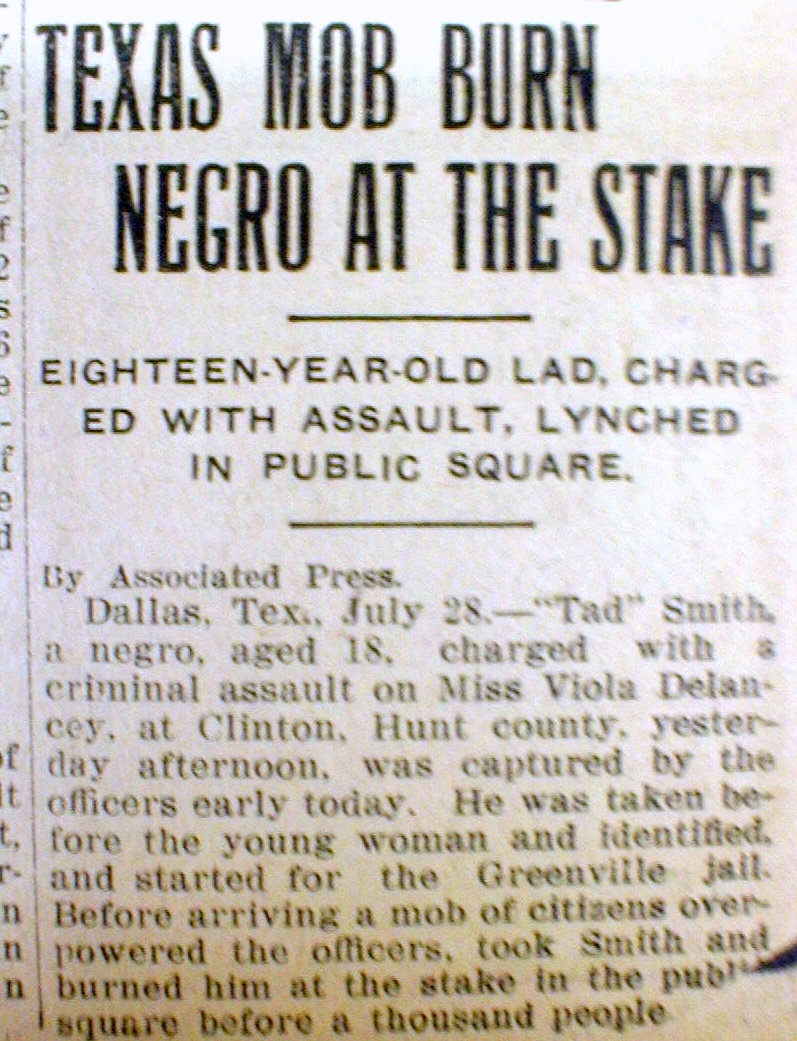 1908 newspaper NEGRO LYNCHED at CLINTON Hunt Co TEXAS burned alive at