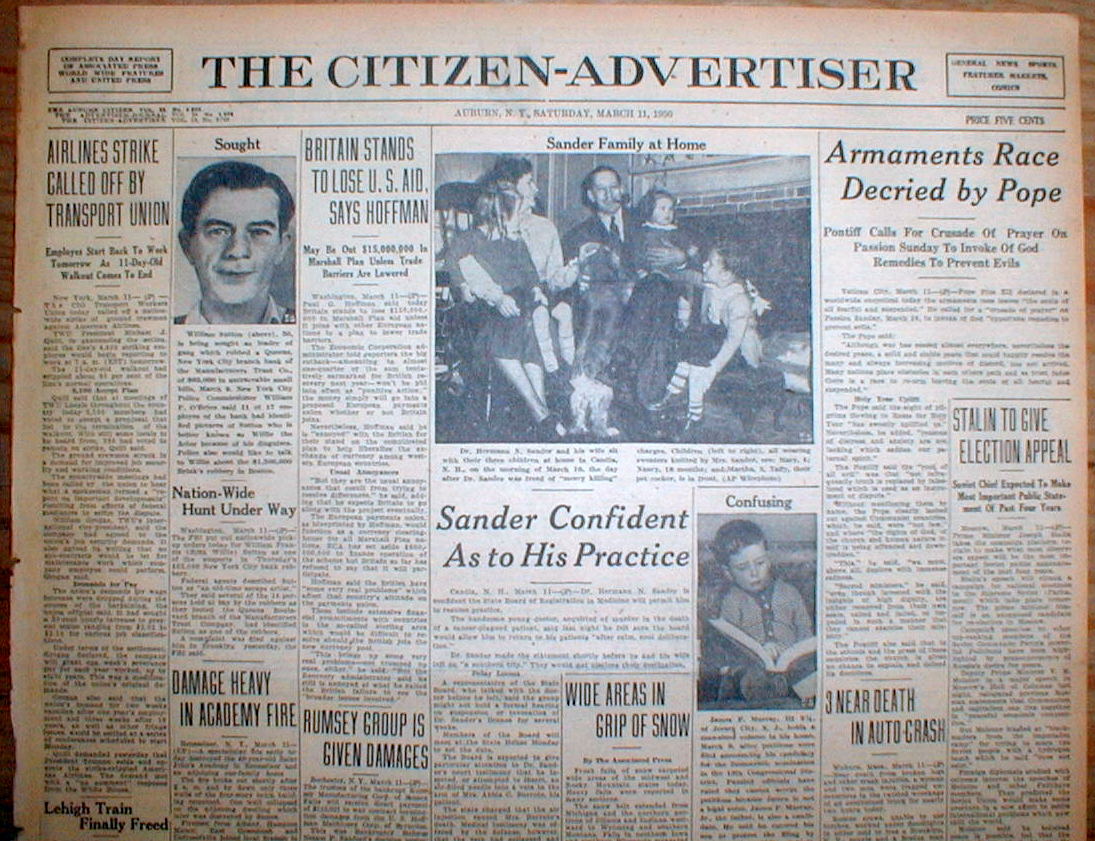 1950 newspaper FBI nationwide hunt for WILLIE SUTTON Bank robber