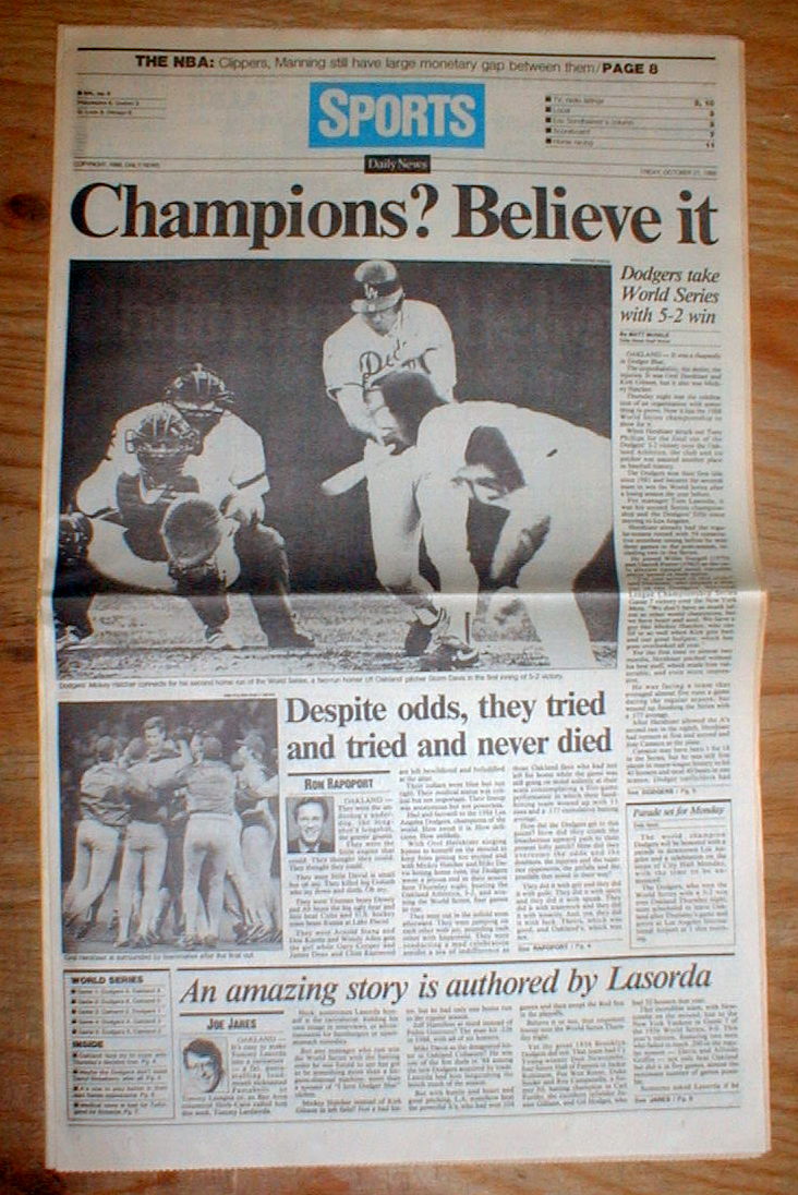 BEST 1988 headline newspaper LOS ANGELES DODGERS win baseball WORLD