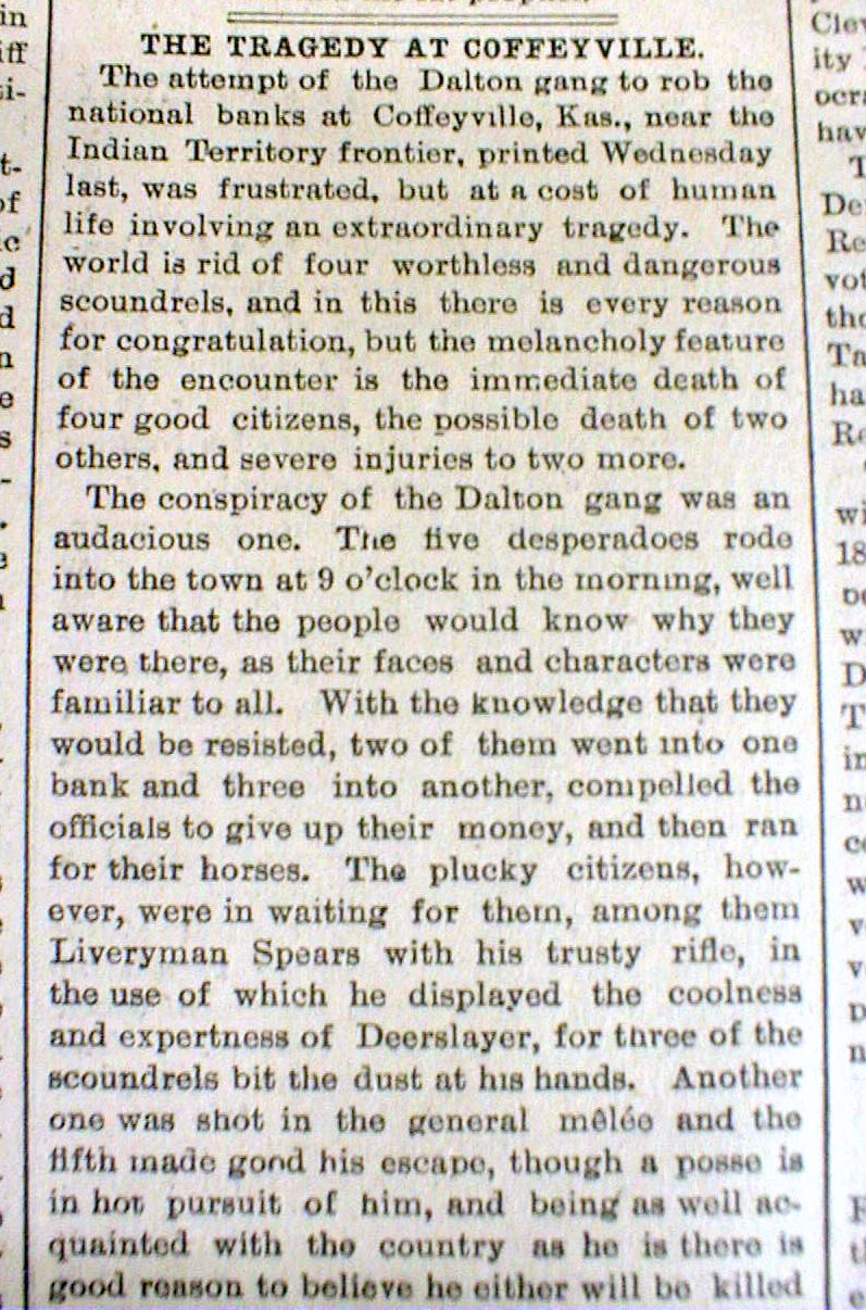1892 newspaper DALTON OUTLAW GANG shot DEAD in COFFEYVILLE Kansas bank