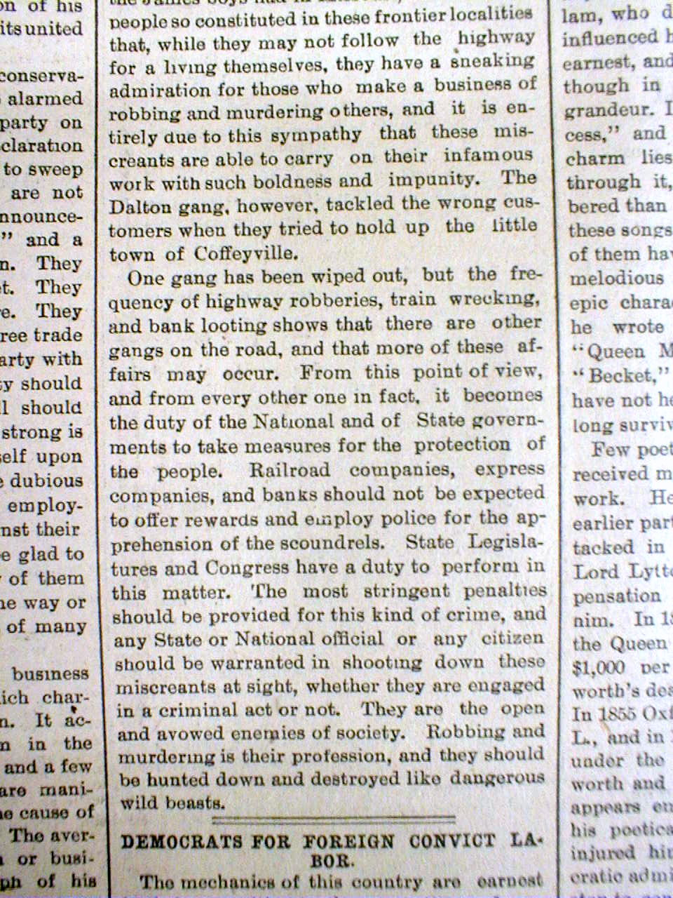 1892 newspaper DALTON OUTLAW GANG shot DEAD in COFFEYVILLE Kansas bank