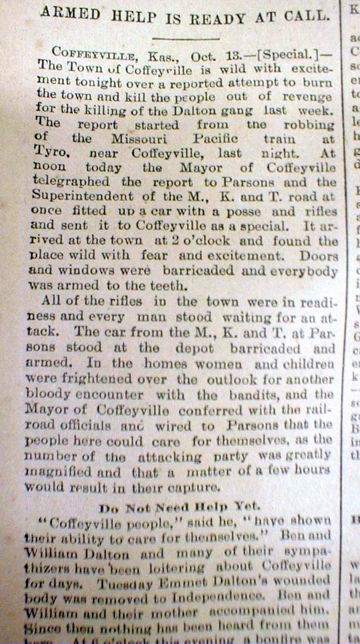 1892 newspaper DALTON OUTLAW GANG KILLED during COFFEYVILLE Kansas BANK