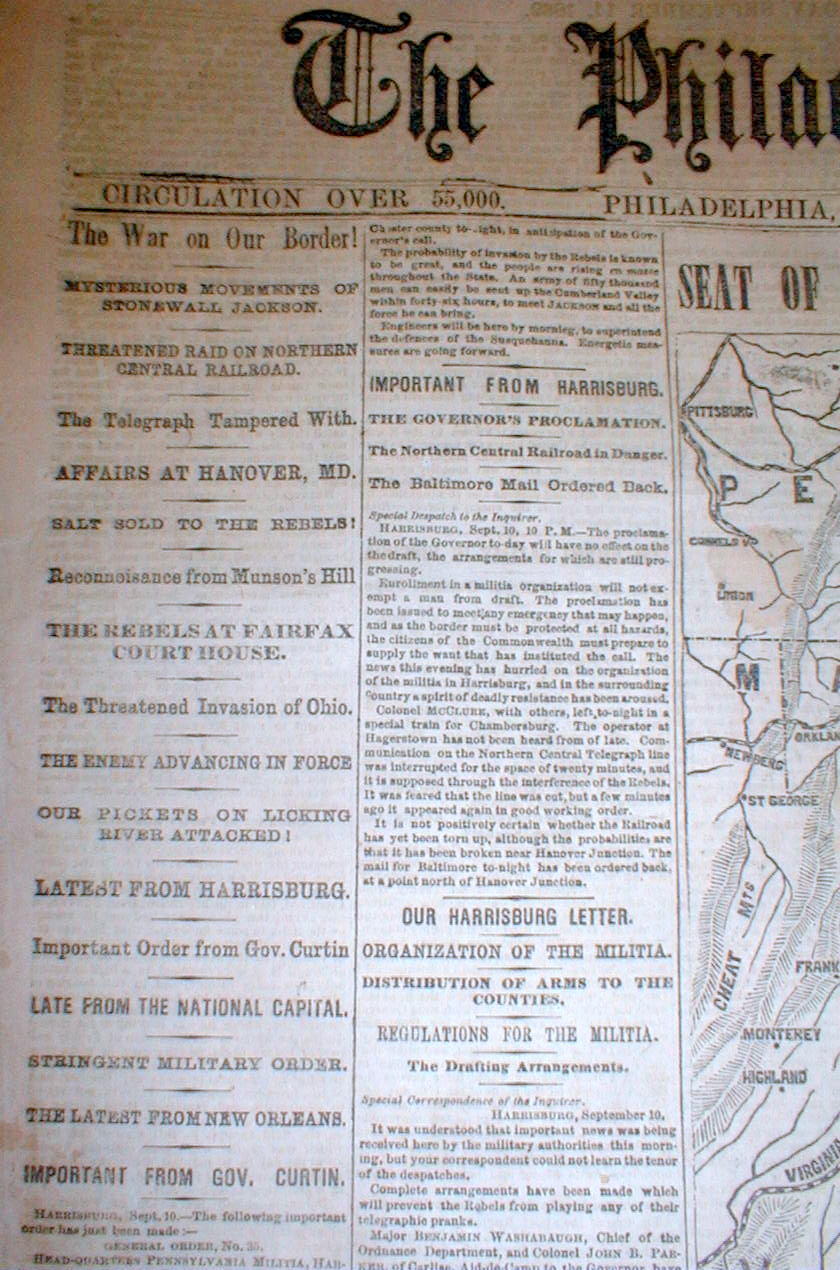 1862 Civil War newspaper MAP Stonewall Jackson ANTIETAM BATTL
