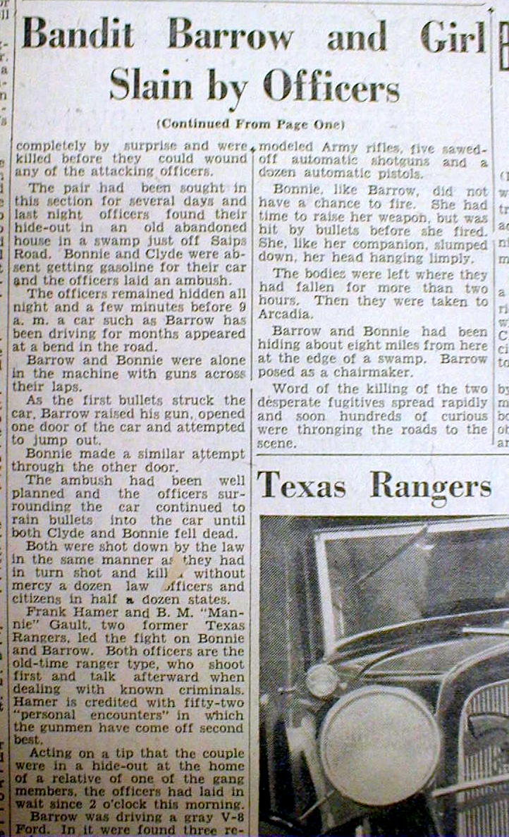 1934 headline display newspaper Outlaw BONNIE & CLYDE SHOT DEAD by