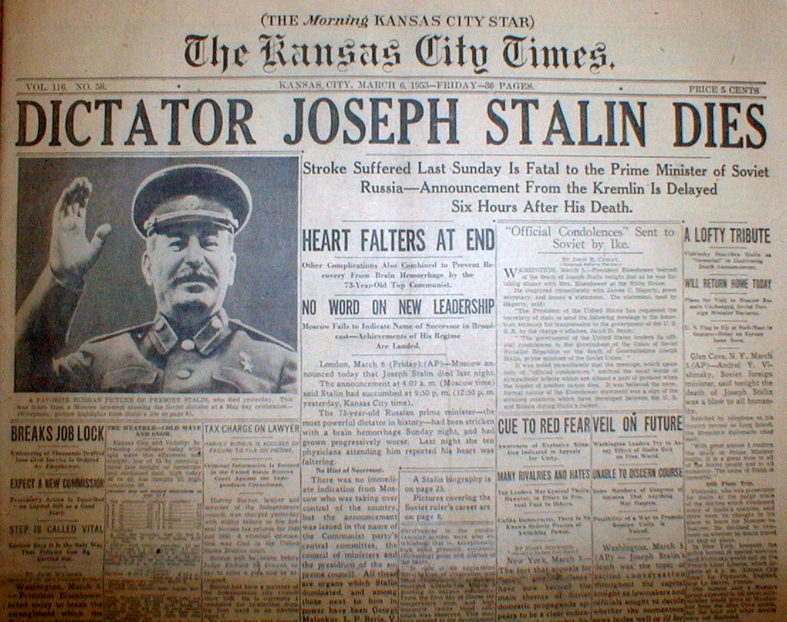 1953 Headline Display Newspaper W Photo- Russia Dictator JOSEPH STALIN ...