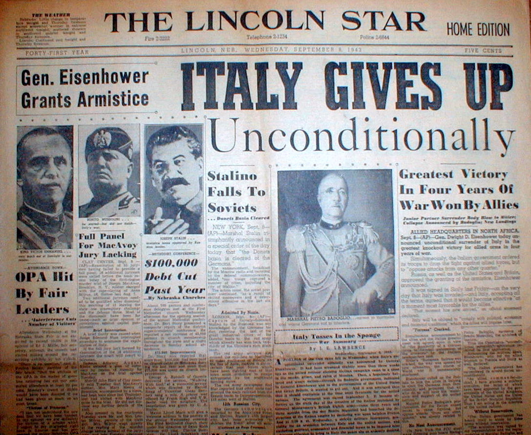 1943 WW II headline display newspaper UNCONDITIONAL SURRENDER of ITALY to ALLIES eBay