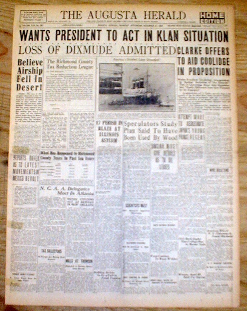 6 1923 Augusta headline newspapers KU KLUX KLAN at height of