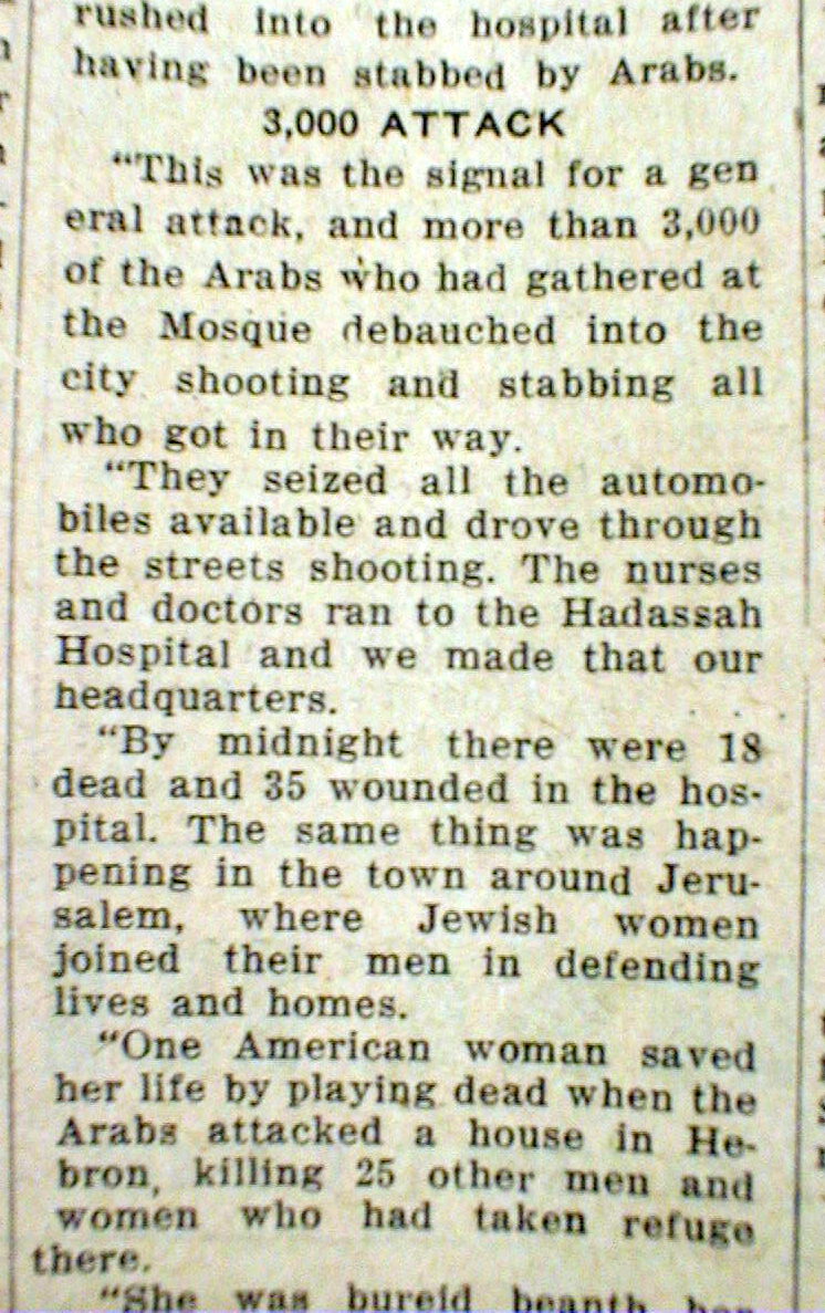 1929 newspaper Eyewitness Account HEBRON MASSACRE of JEWS by ARABS in