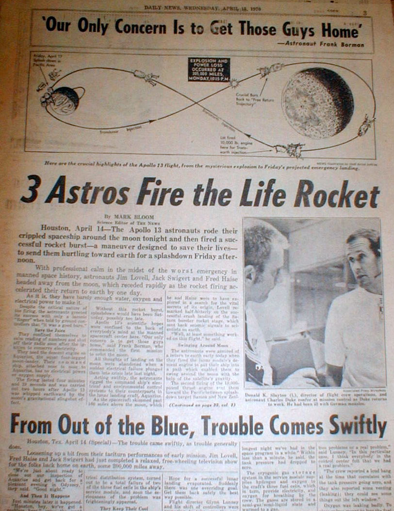 3 1970 headline newspapers APOLLO 13 return safely to earth after space