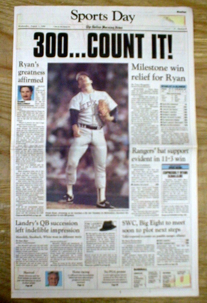 Best 1990 Dallas hdlne newspaper TEXAS RANGER pitcher NOLAN RYAN WINS