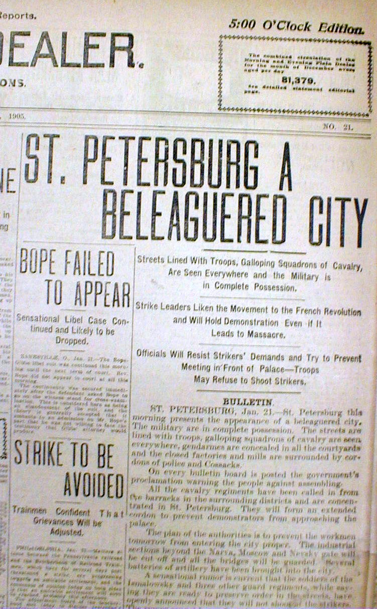 1905 newspaper RUSSIAN REVOLUTION St Petersburg Strikes CZAR NICHOLAS