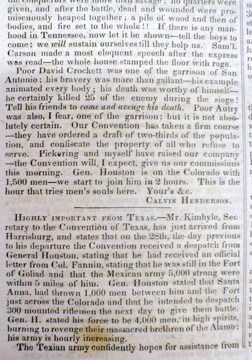 1836 Newspaper Revolution Texas Declares Independence Fall Of The Alamo 