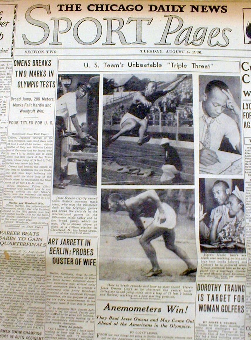 1936 newspaper JESSE OWENS sets OLYMPIC world record in LONG JUMP