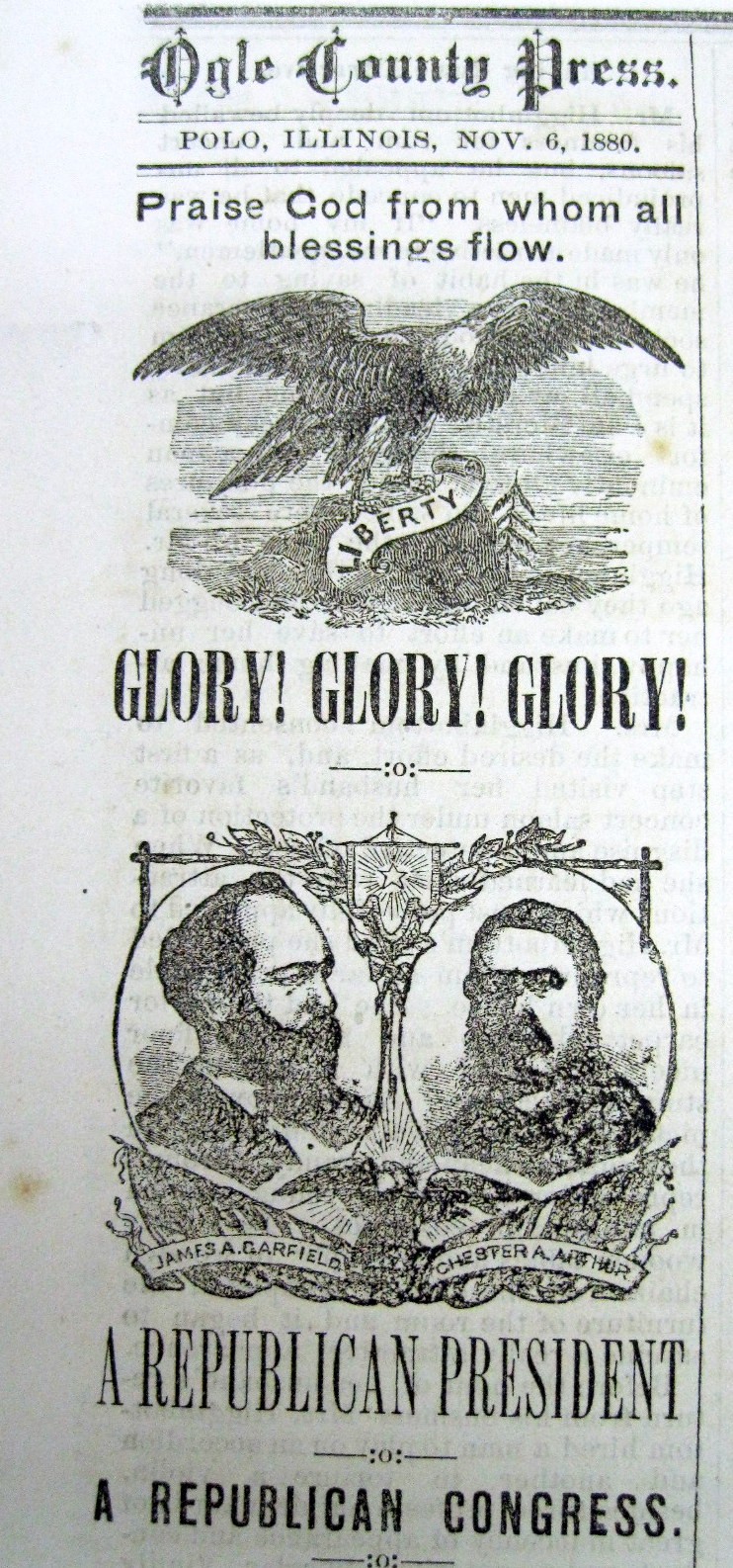 1880 headline display newspaper REPUBLICAN JAMES GARFIELD ELECTED US