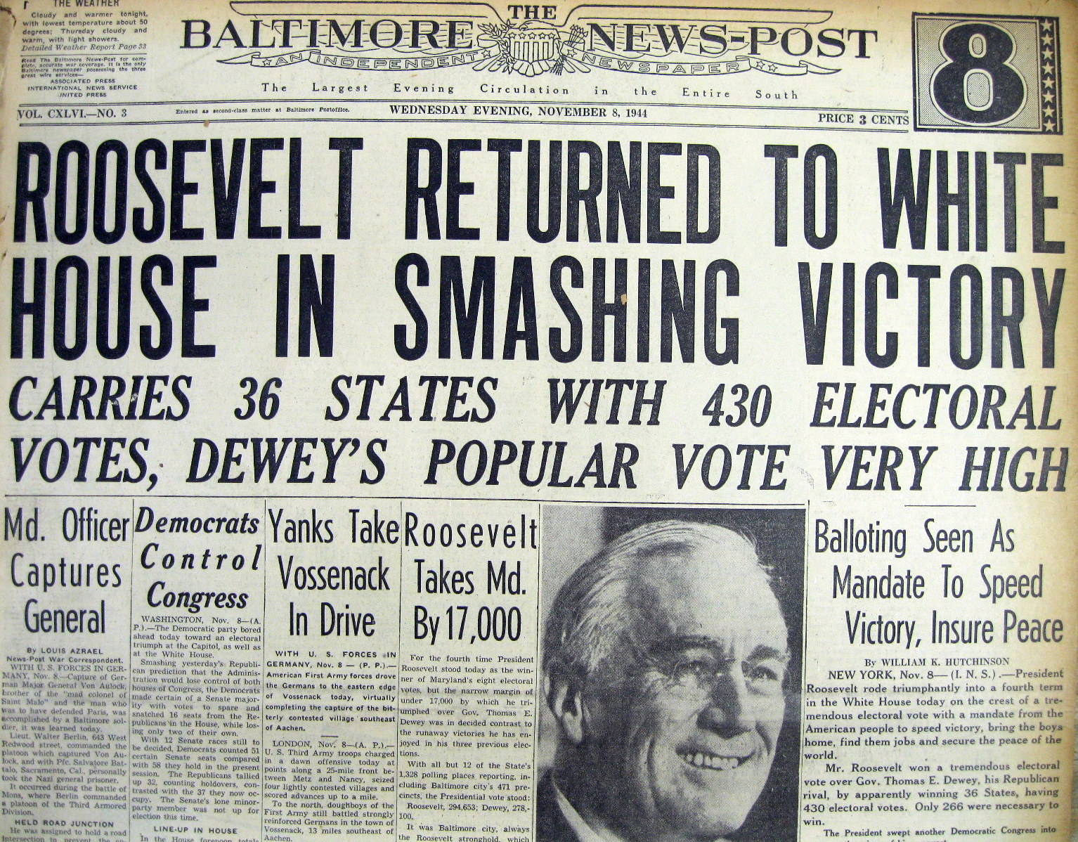 1944 WW II Baltimore Newspaper FRANKLIN ROOSEVELT WINS 4TH TERM AS ...