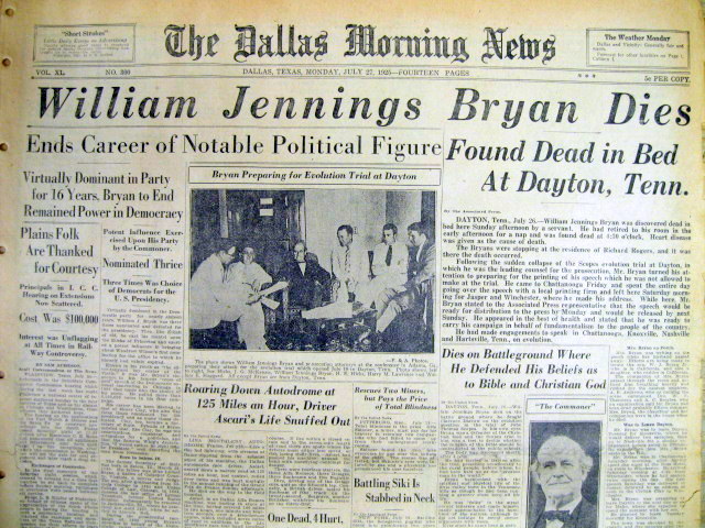 2 1925 headline newspapers WILLIAM JENNINGS BRYAN DEAD right after ...