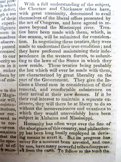 1830 Newspaper ANDREW JACKSON Speech On The INDIAN REMOVAL ACT & TRAIL ...