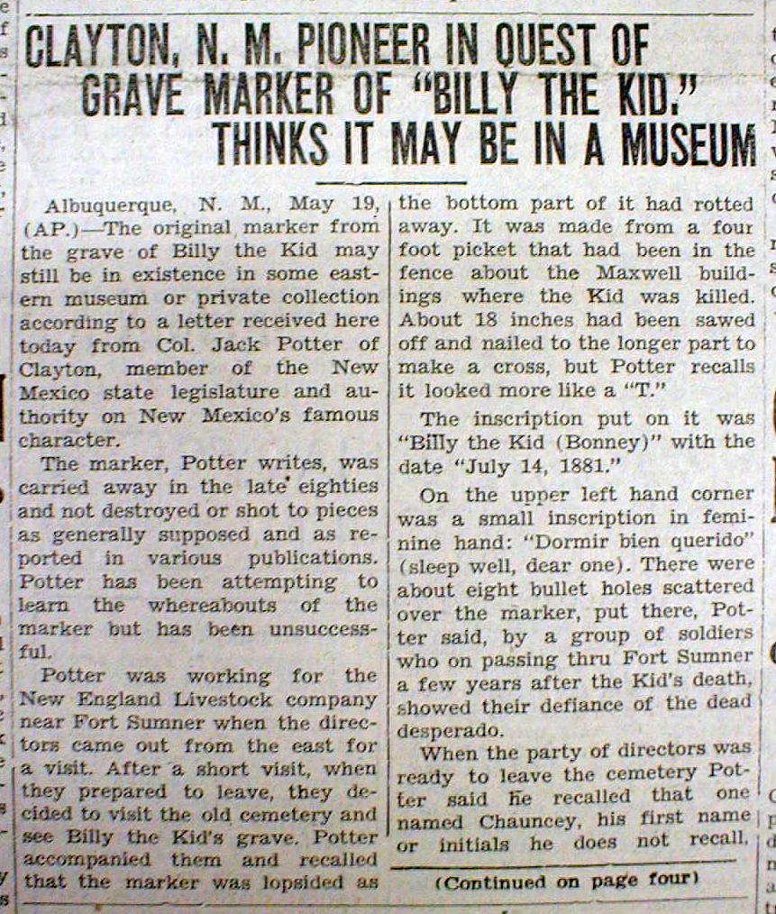 1934 newspaper FT SUMNER New Mexico GRAVE MARKER of outlaw BILLY the